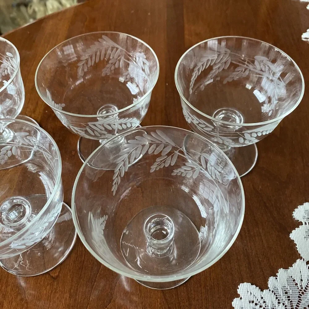 Sasaki Japan SAS28 Low Sherbets Clear Etched Crystal Mid Century Elegant Set (6)